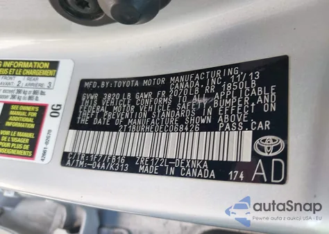 2014 Toyota Corolla Le из США, поврежденный, VIN 2T1BURHE0EC068426